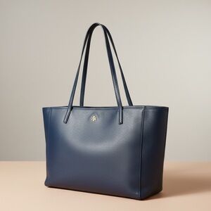 ✨ Tory Burch Navy Saffiano Leather Tote Work Laptop Bag Gold Logo